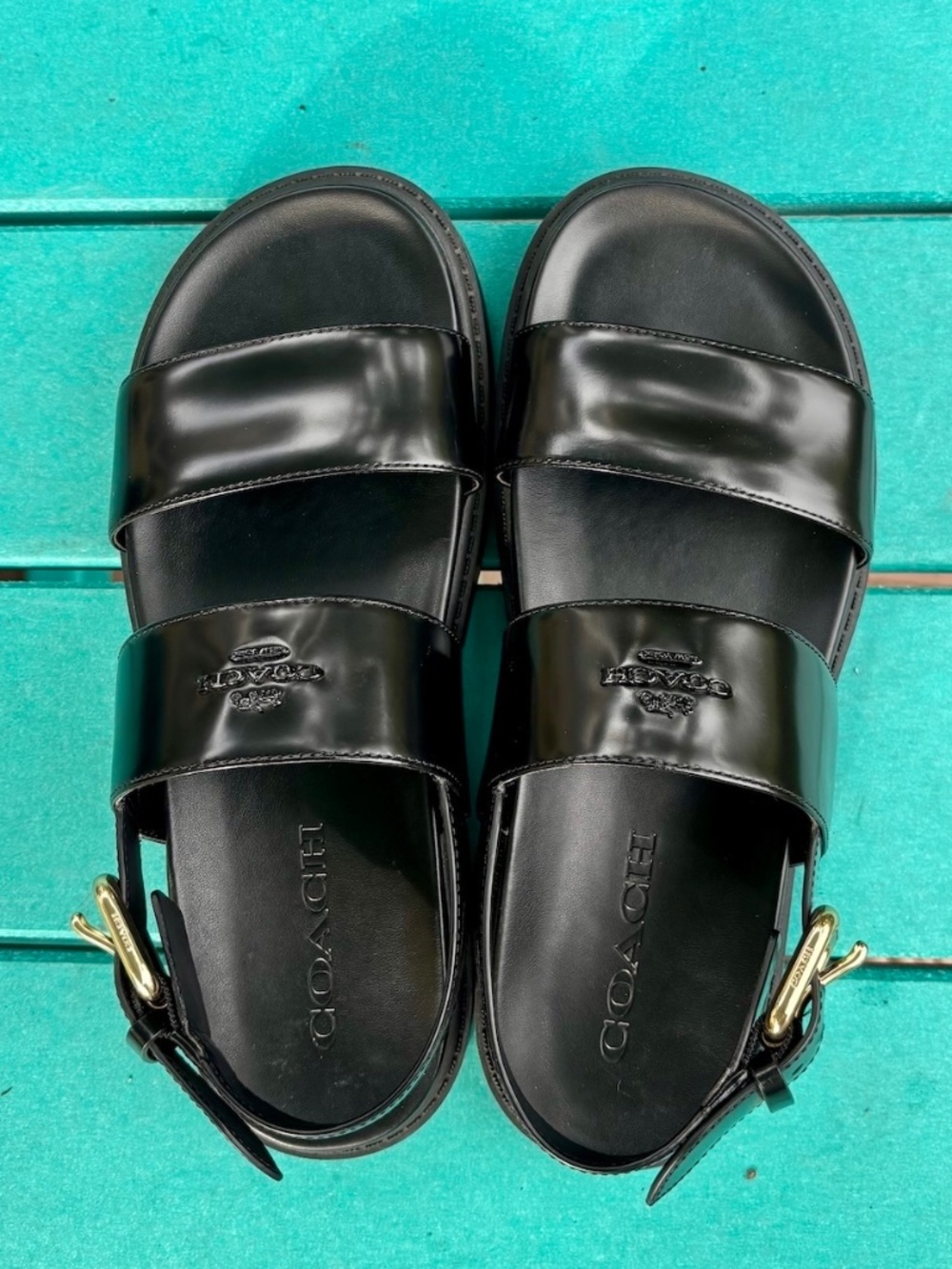 COACH Lockup Two Band Sandals Black Leather Gold-Tone Buckle Size 7 - Picture 4 of 10